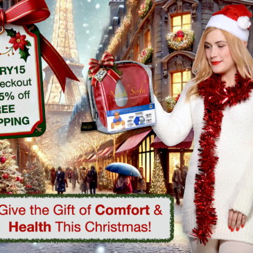 An image of a magical Christmas scene set on a Parisian street, capturing the festive atmosphere and charm of the holiday season with a woman holding a Burgundy Neck Sofa Pillow. A Christmas tag saying "Use this code MERRY15 at checkout for 15% off & FREE SHIPPING" Give the gift of Comfort and Health This Christmas.