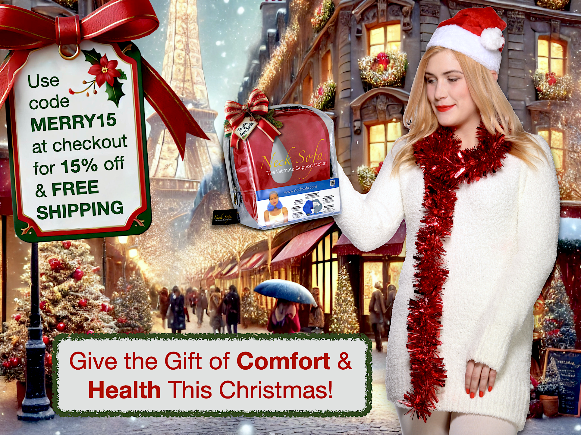 An image of a magical Christmas scene set on a Parisian street, capturing the festive atmosphere and charm of the holiday season with a woman holding a Burgundy Neck Sofa Pillow. A Christmas tag saying "Use this code MERRY15 at checkout for 15% off & FREE SHIPPING" Give the gift of Comfort and Health This Christmas.