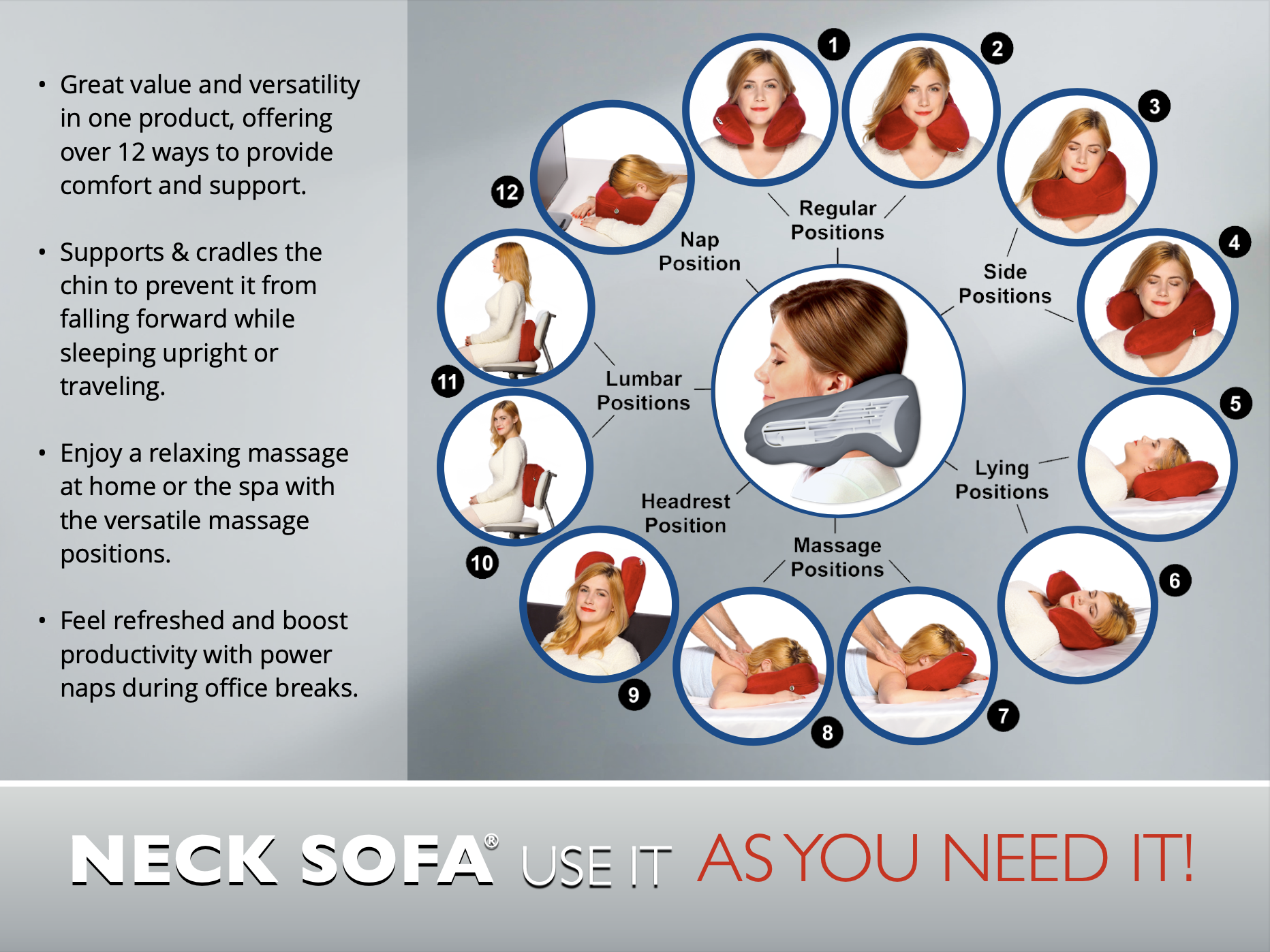 A picture displaying the 12 ways of use of the Neck Sofa Pillow.