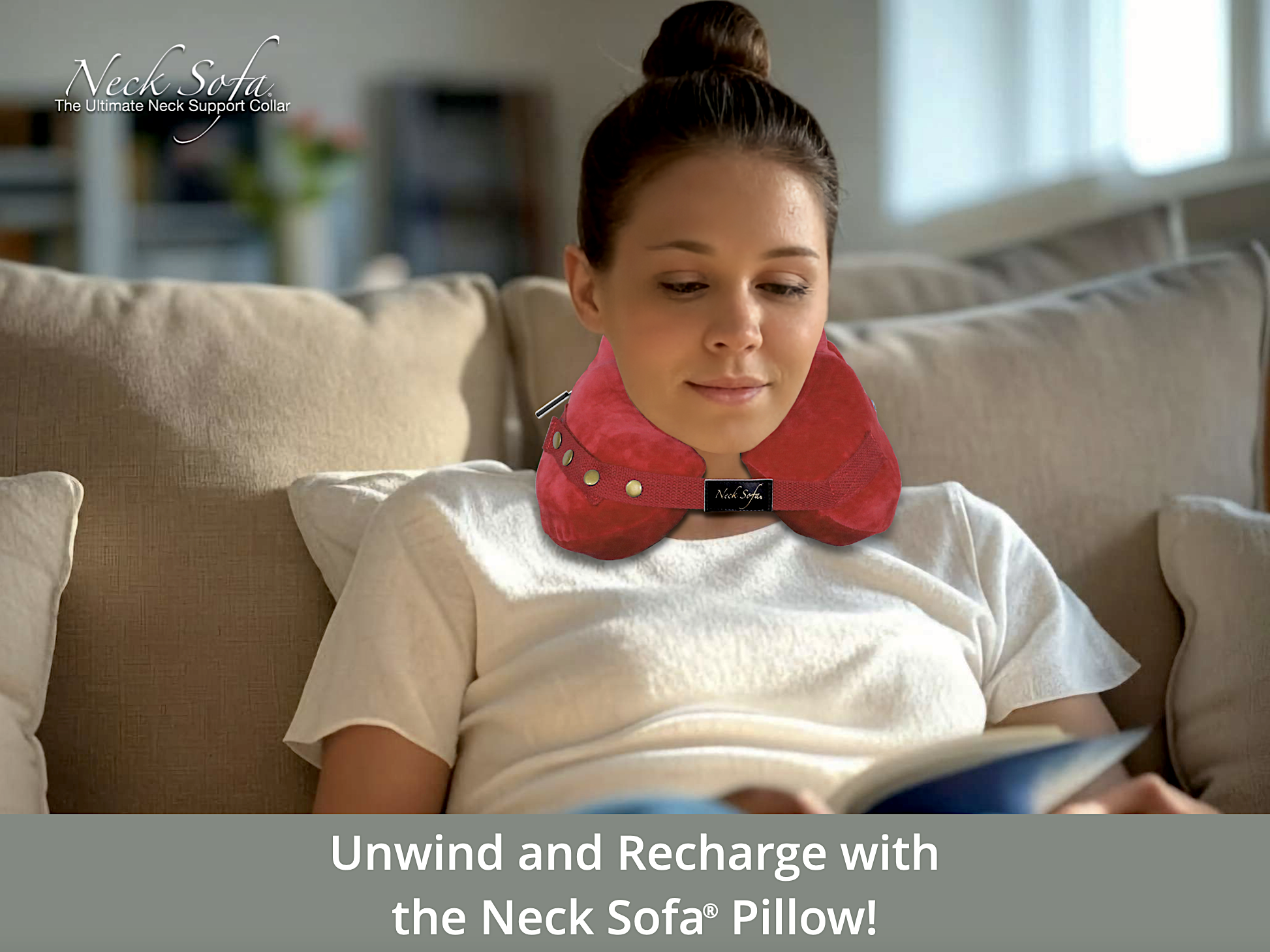 An image of a woman wearing a Burgundy Neck Sofa Pillow while relaxing on a couch reading a book after the stress of the holidays