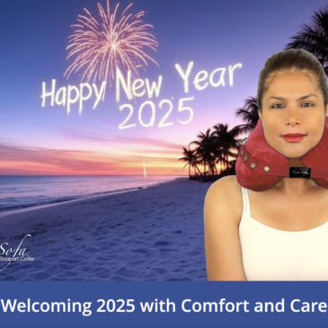 An image of the beach with the words Happy New Year 2025 and a woman on the beach wearing a Burgundy Neck Sofa® Pillow.
