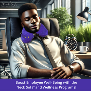 An image featuring a happy and relaxed Black male employee peacefully sleeping in a modern office setting wearing a Purple Neck Sofa® Pillow.