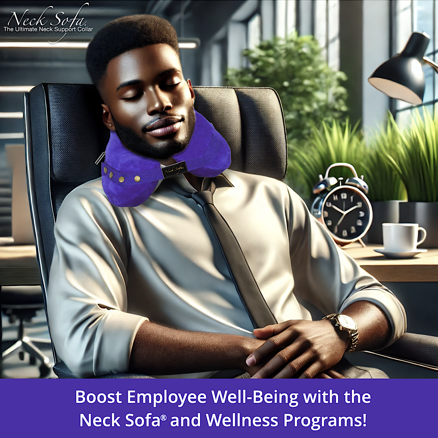 An image featuring a happy and relaxed Black male employee peacefully sleeping in a modern office setting wearing a Purple Neck Sofa® Pillow.