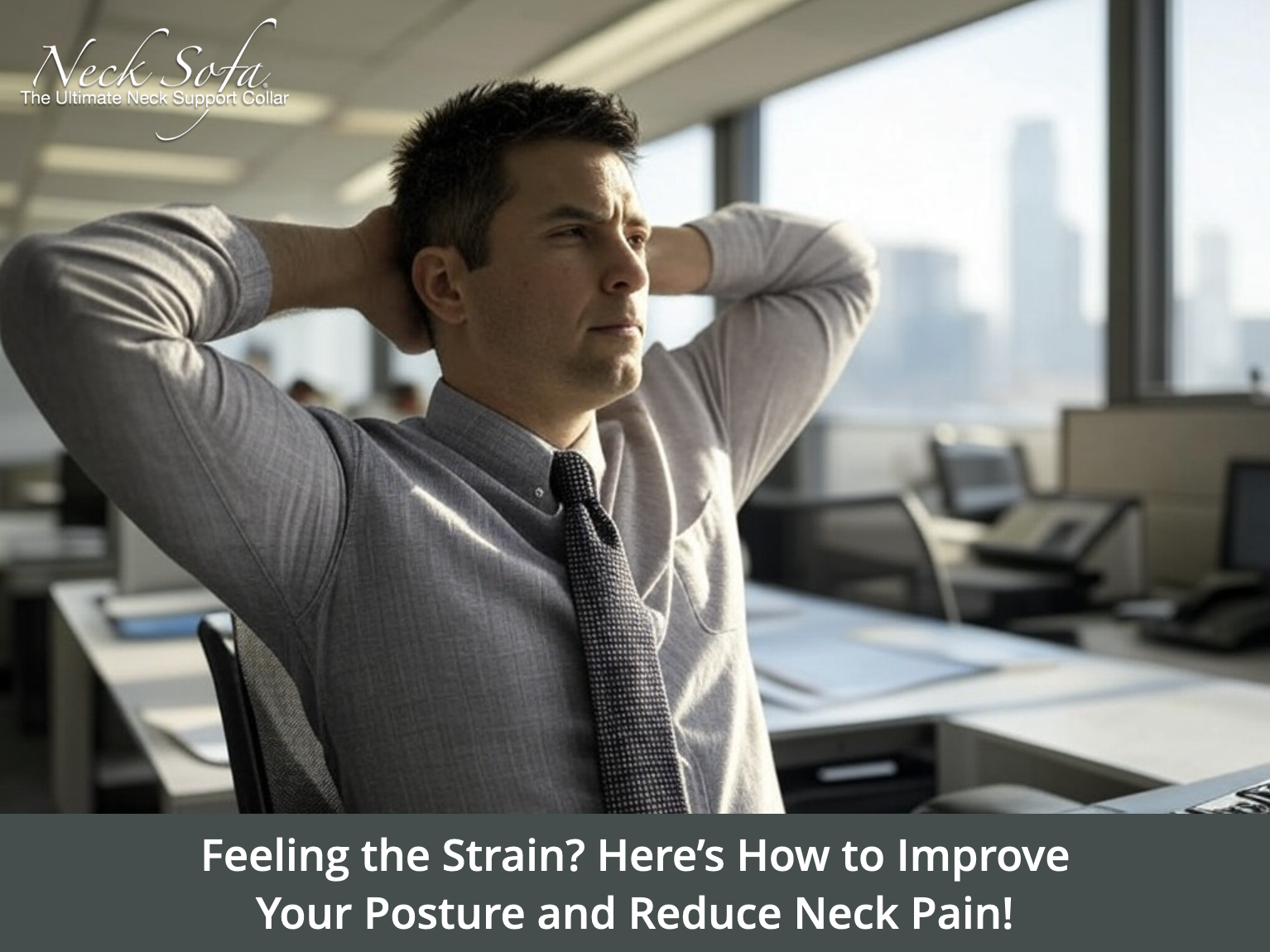 An image of a man performing neck stretches at his desk.