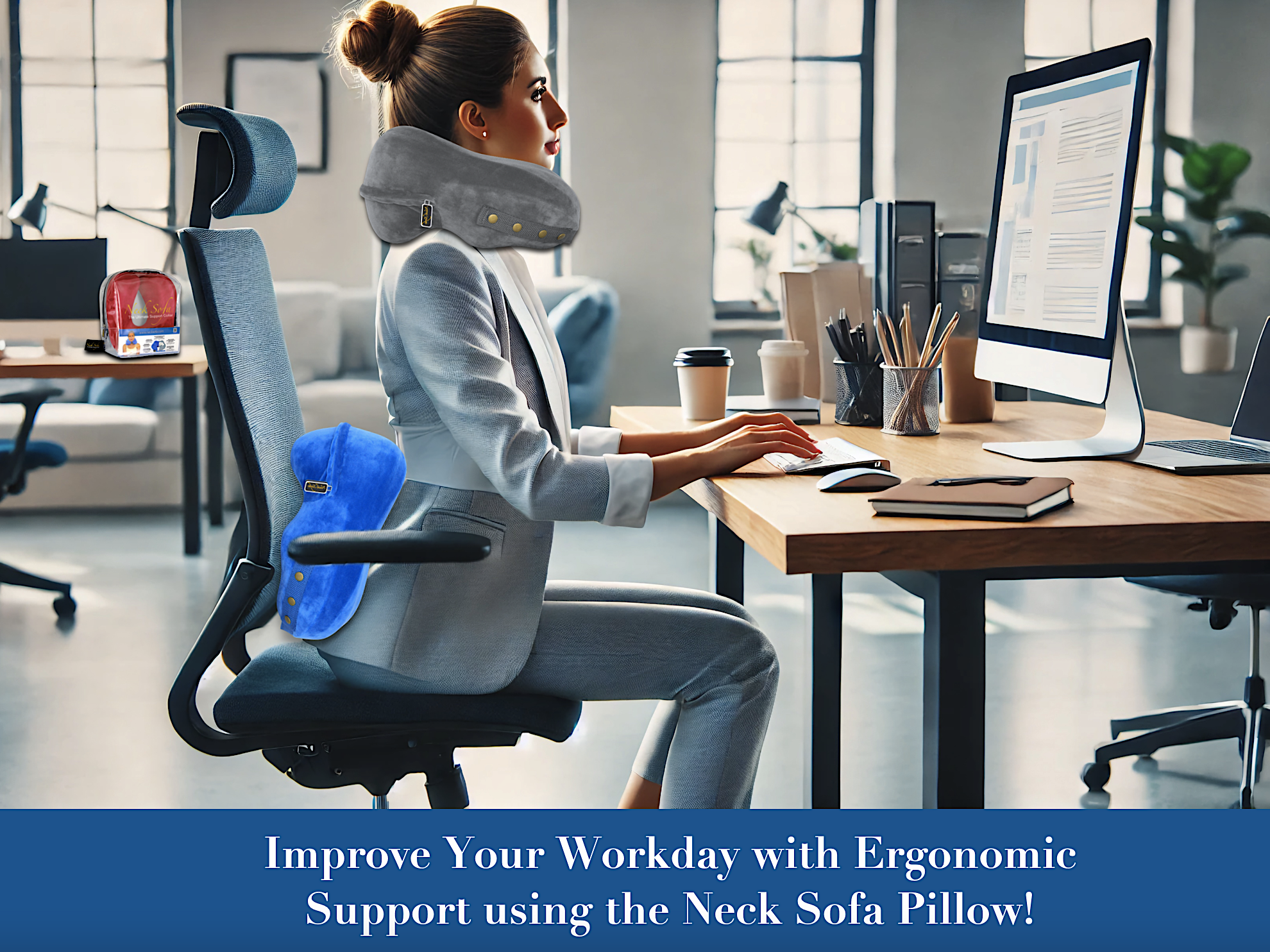 A woman sitting at an office desk working on a computer with good posture using a Grey Neck Sofa Pillow for neck support and using a Blue Neck Sofa Pillow as a lumbar support.