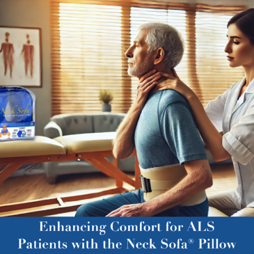 An image depicting a physical therapy session featuring a man identified as an ALS patient, emphasizing posture challenges and targeted therapeutic support.