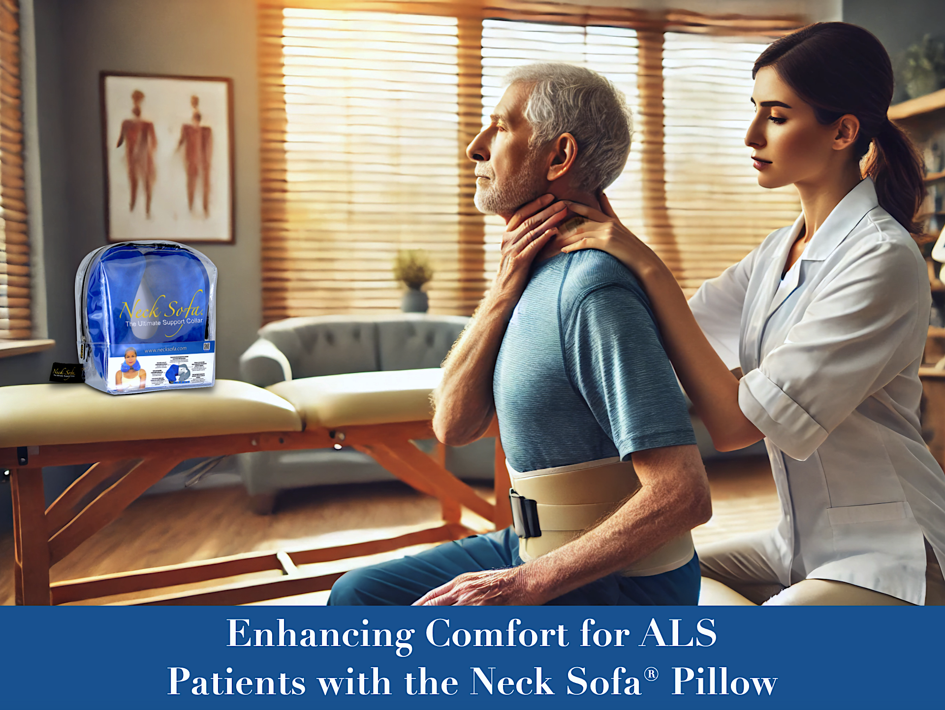 An image depicting a physical therapy session featuring a man identified as an ALS patient, emphasizing posture challenges and targeted therapeutic support.
