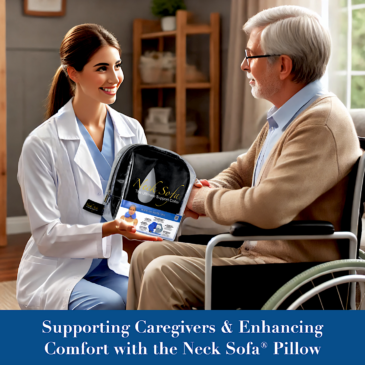 Caregiver and Patient Smiling, caregiver giving the patient a Black Neck Sofa Pillow