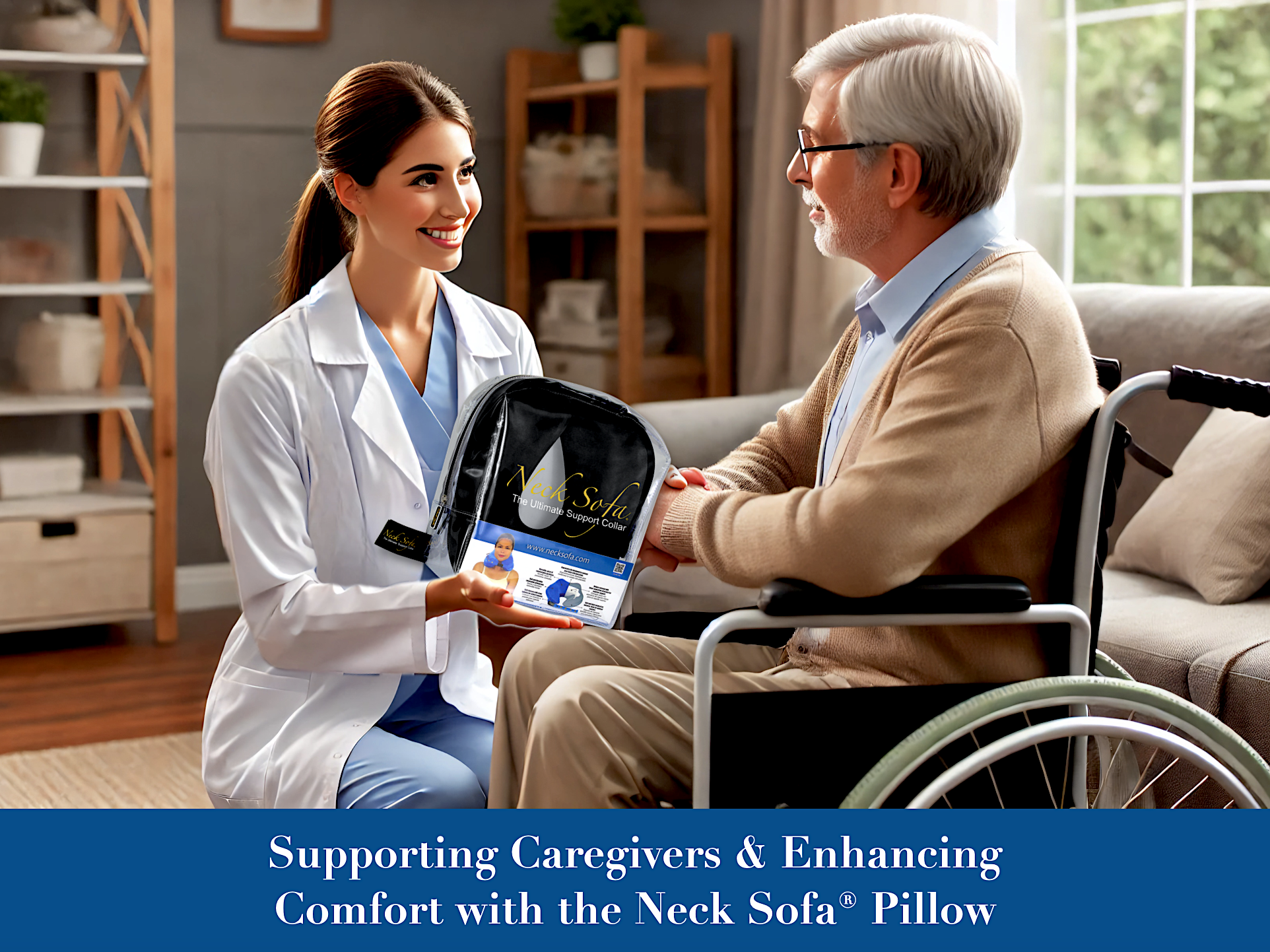 Caregiver and Patient Smiling, caregiver giving the patient a Black Neck Sofa Pillow