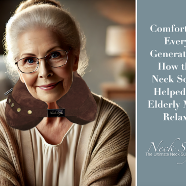 An image of a kind elderly woman facing forward wearing a Brown Neck Sofa Pillow in a cozy living room.