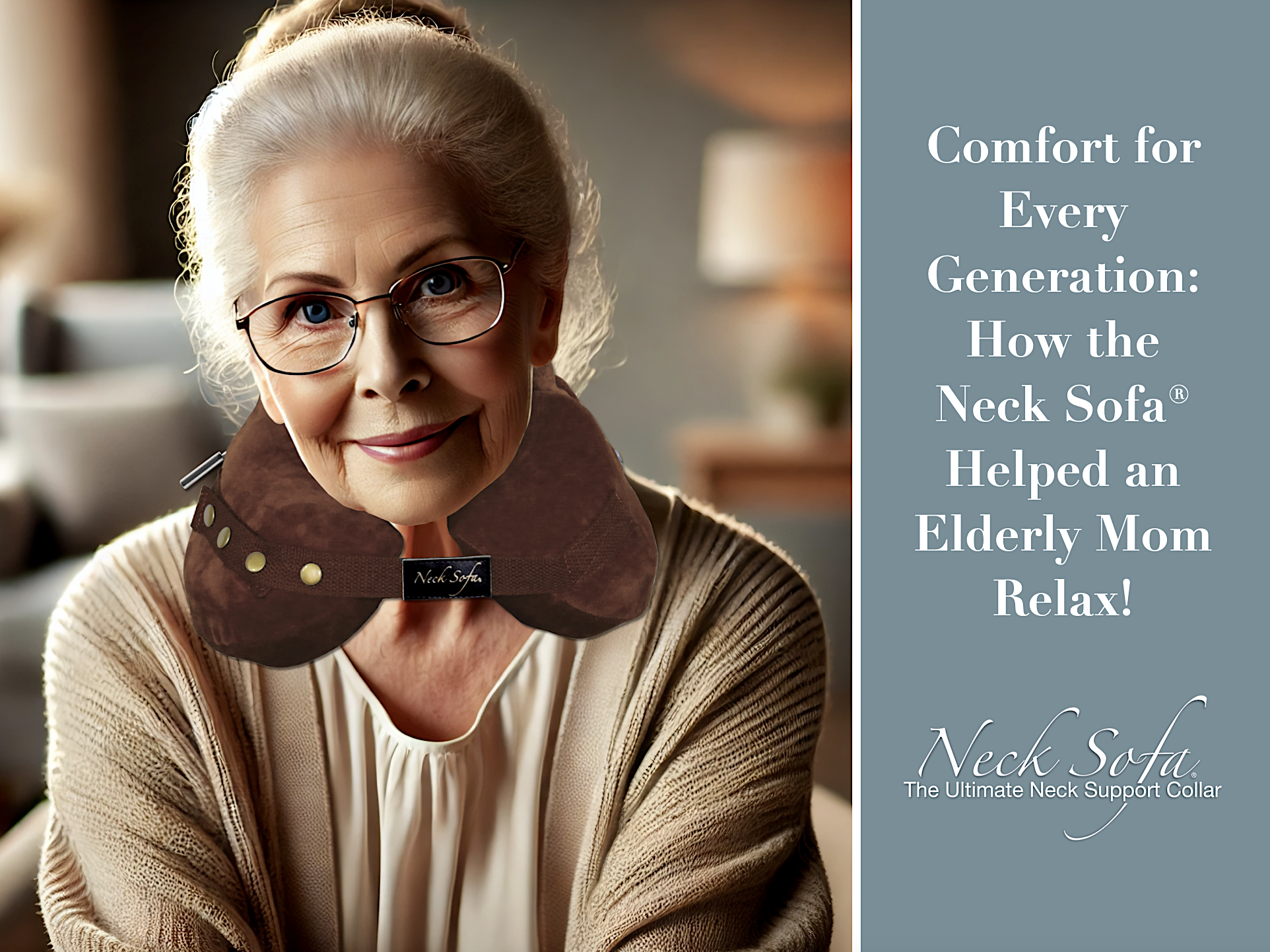 An image of a kind elderly woman facing forward wearing a Brown Neck Sofa Pillow in a cozy living room.