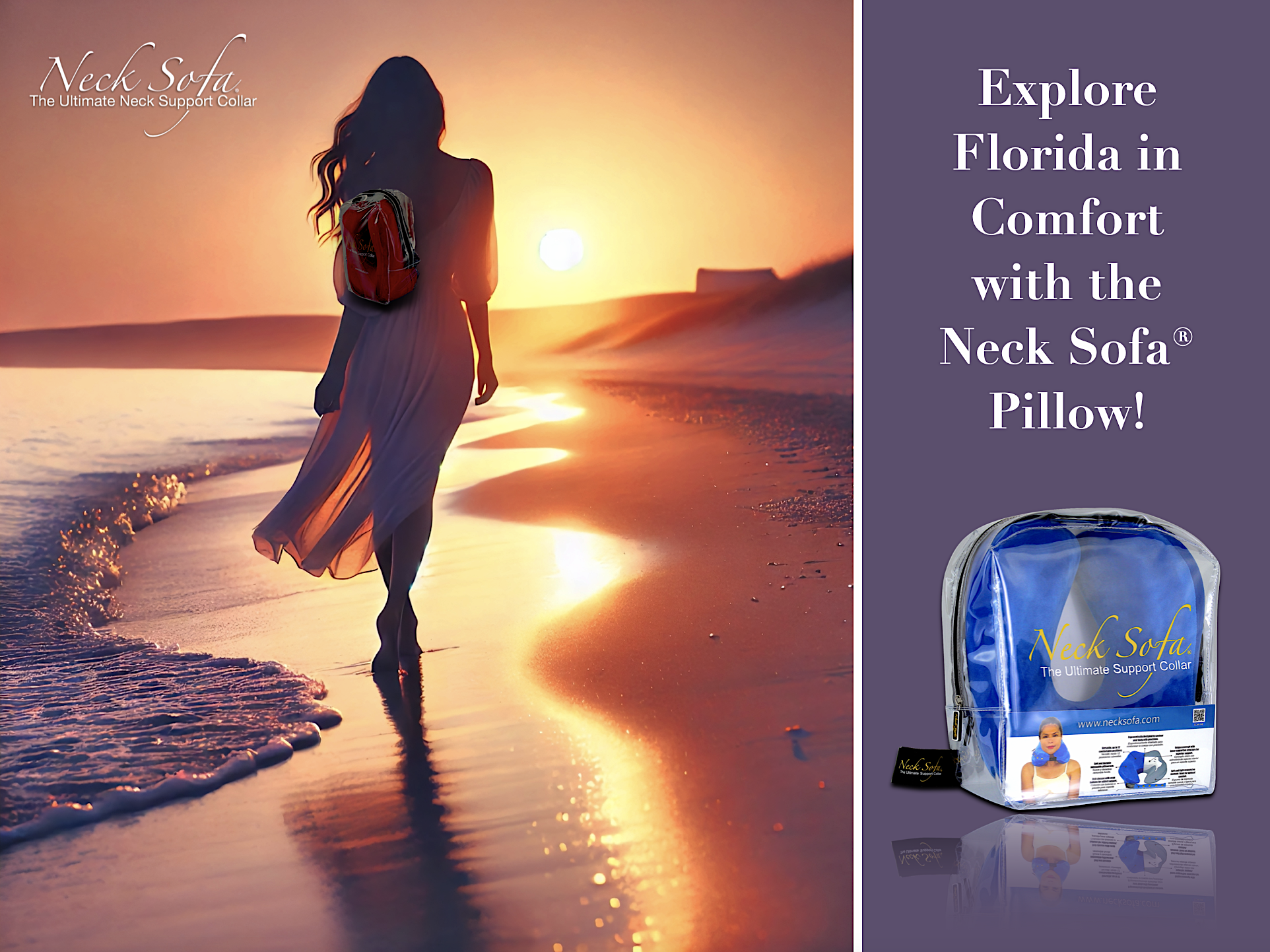 image showing a silhouette of a beautiful woman walking on the beach wearing light and breathy dress and carrying her Neck Sofa Pillow on her back