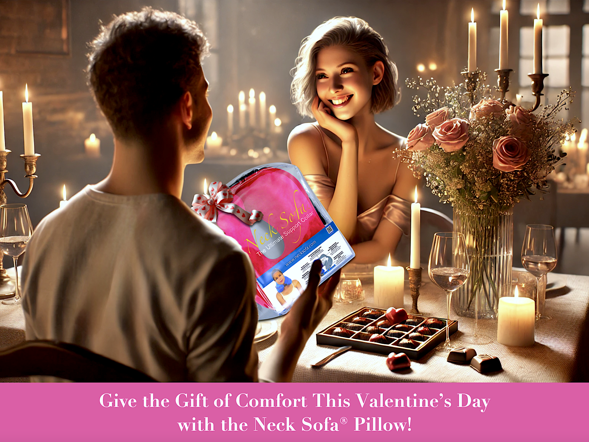 A scene with a man sitting at a table giving a Neck Sofa Pillow to his girlfriend as a Valentine’s Day gift with a ribbon on it. The room has a warm, intimate ambiance to it, bringing the romantic setting to life with the flowers and chocolates.
