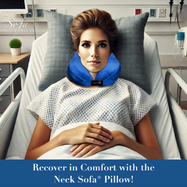 An image of a woman sitting up leaning back in a hospital bed wearing a Blue Neck Sofa Pillow in a calm and supportive recovery scene.