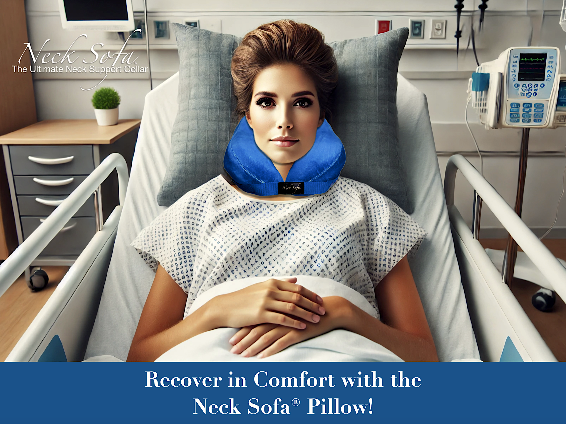 An image of a woman sitting up leaning back in a hospital bed wearing a Blue Neck Sofa Pillow in a calm and supportive recovery scene.