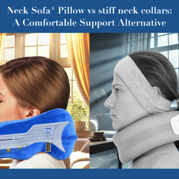 Side-by-side comparison of a woman wearing a stiff neck collar vs. a woman using the Neck Sofa® Pillow, highlighting comfort and mobility.