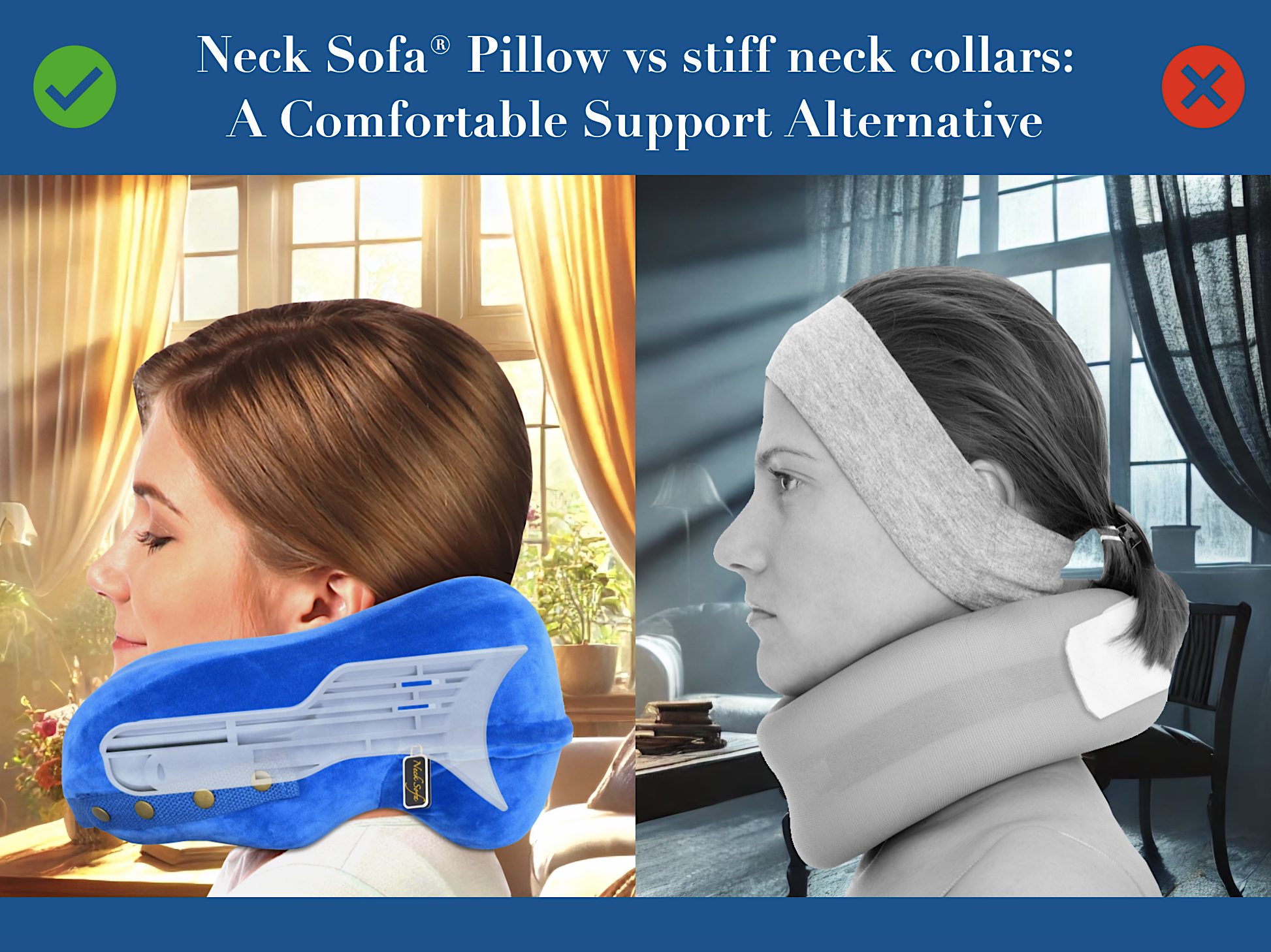 Side-by-side comparison of a woman wearing a stiff neck collar vs. a woman using the Neck Sofa® Pillow, highlighting comfort and mobility.