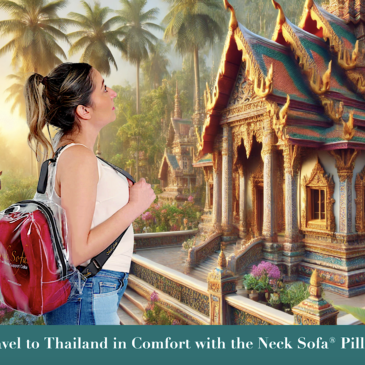 Picture of displaying a young woman traveling to Thailand looking at a temple in the Thai jungle having her burgundy Neck Sofa Pillow in its shoulder bag on her back.
