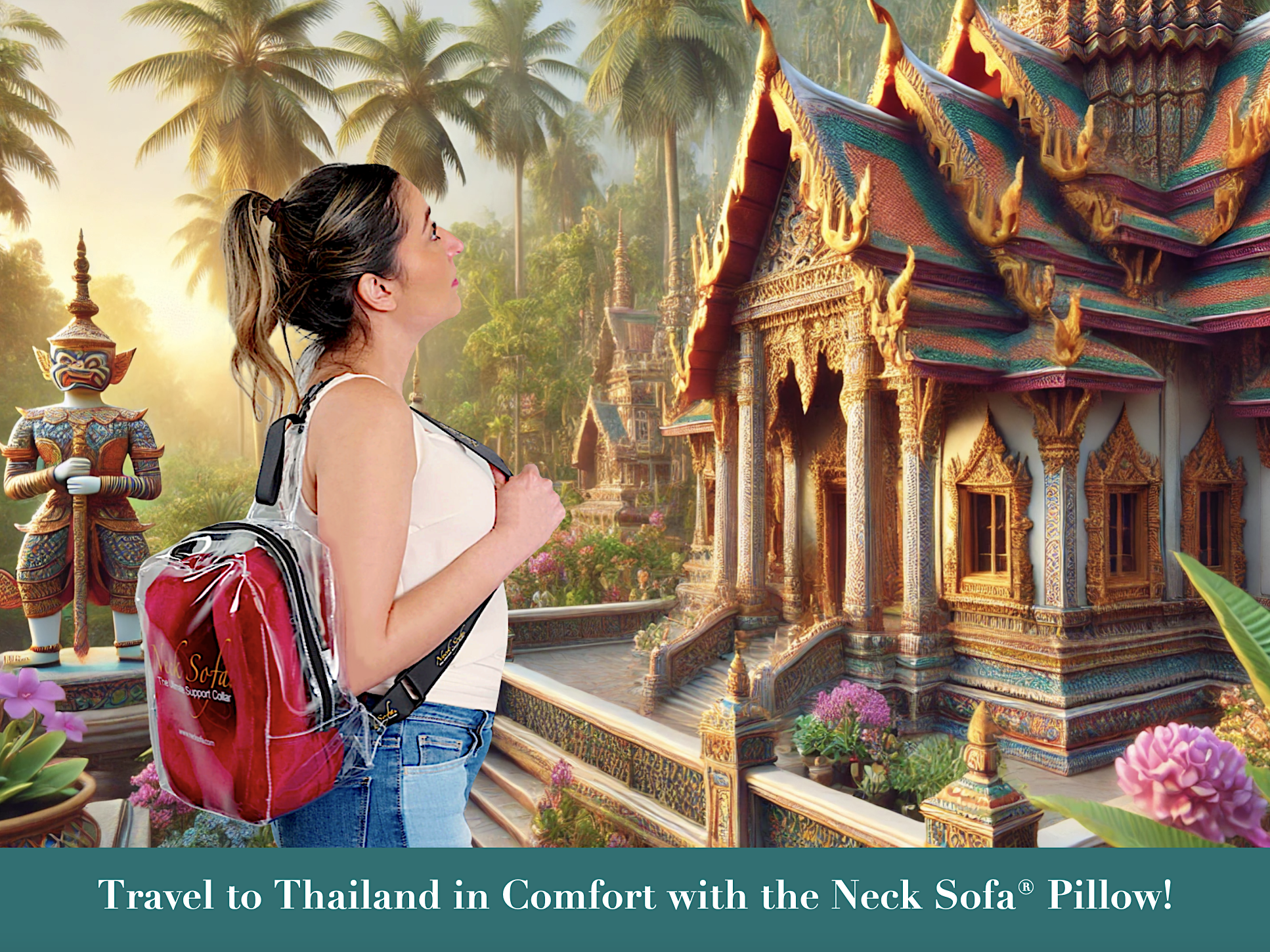 Picture of displaying a young woman traveling to Thailand looking at a temple in the Thai jungle having her burgundy Neck Sofa Pillow in its shoulder bag on her back.