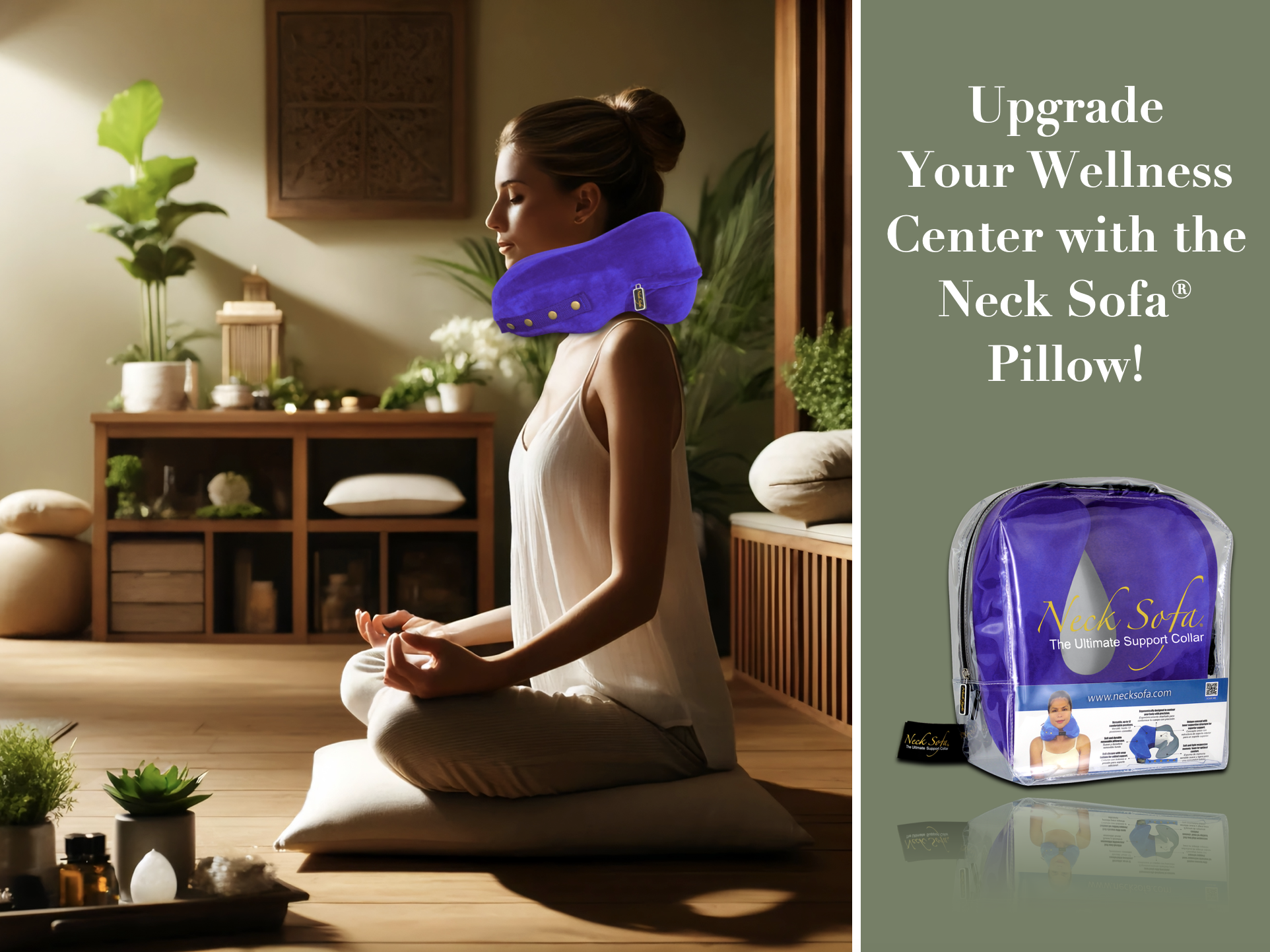 A photo of a young woman wearing a purple Neck Sofa, practicing yoga in a classic pose at a wellness center.