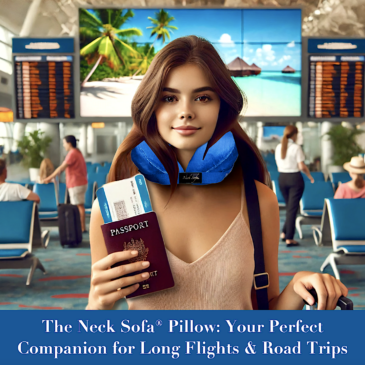 Woman in the airport wearing her Blue Neck Sofa Pillow holding her passport ready to go on vacation