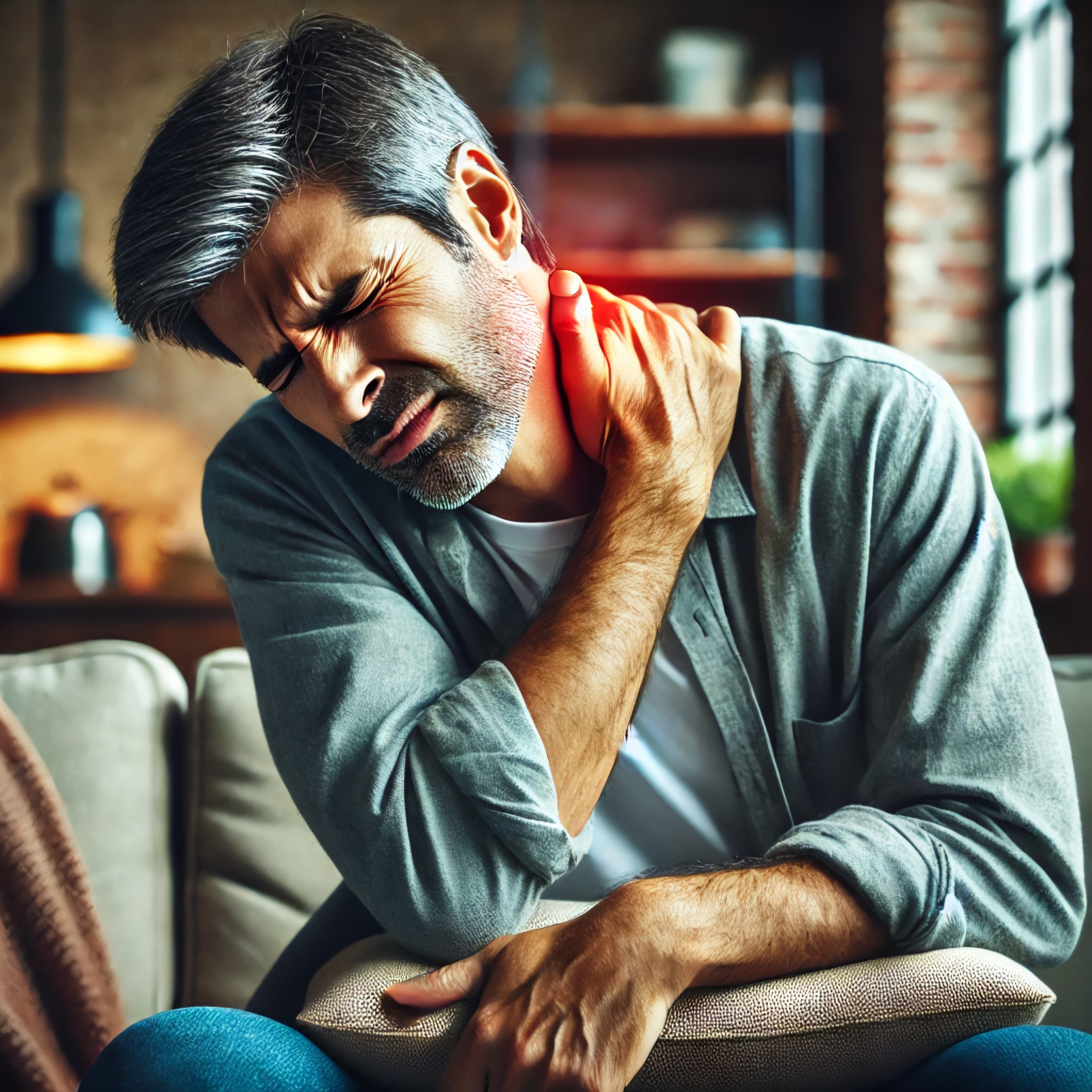 Man with chronic neck pain holding his neck sitting on a couch 