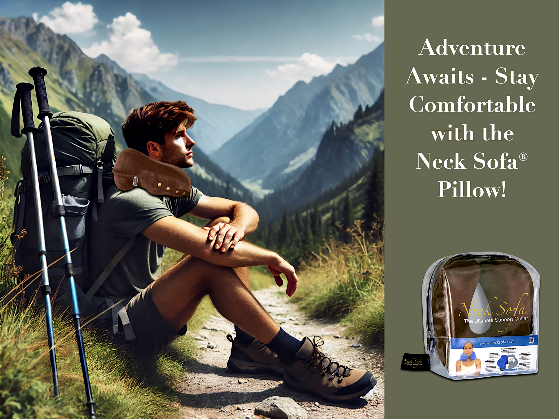 A hiker sitting on the ground, resting against their backpack using his Brown Neck Sofa Pillow on a scenic mountain trail