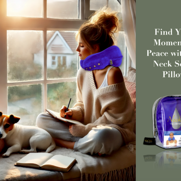 A peaceful morning gratitude routine with a woman wearing a Neck Sofa Pillow sitting in front of a cozy window seat, warm tea, a Jack Russell puppy, and a gratitude journal
