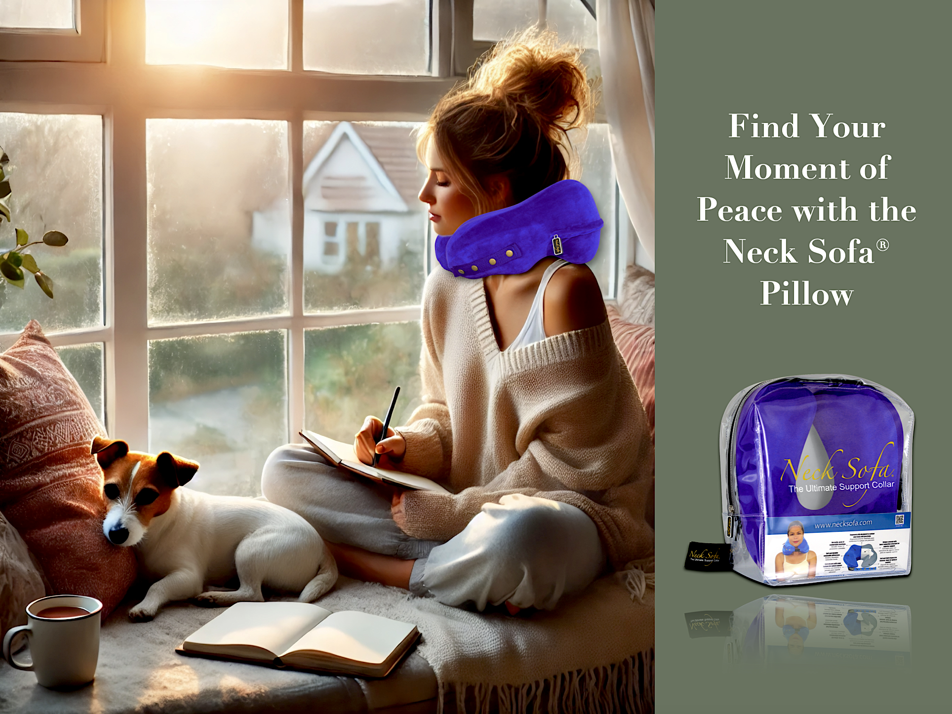 A peaceful morning gratitude routine with a woman wearing a Neck Sofa Pillow sitting in front of a cozy window seat, warm tea, a Jack Russell puppy, and a gratitude journal