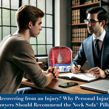 A personal injury attorney in a consultation with a client, there is a Burgundy Neck Sofa Pillow on his desk to give to his client