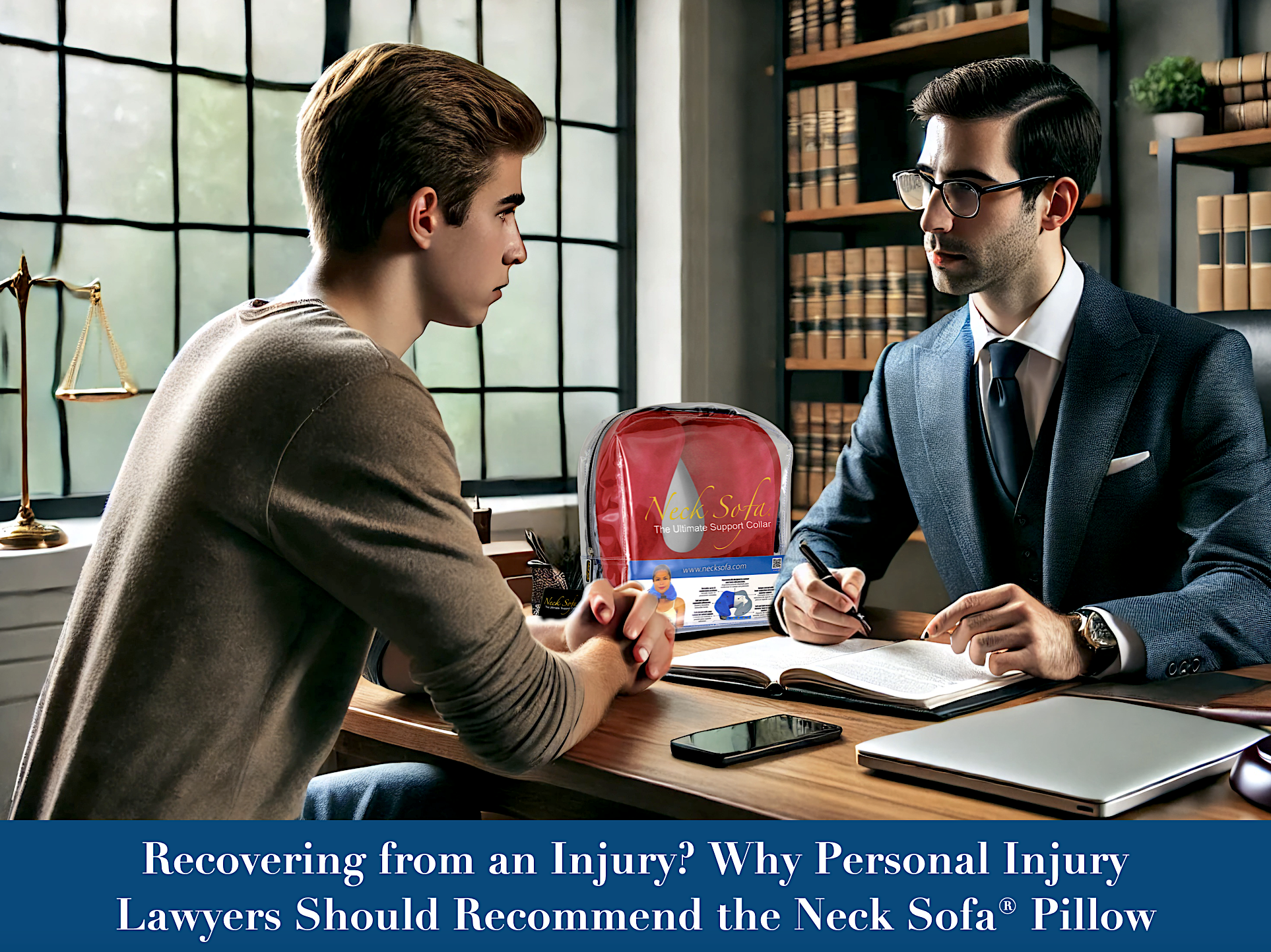A personal injury attorney in a consultation with a client, there is a Burgundy Neck Sofa Pillow on his desk to give to his client