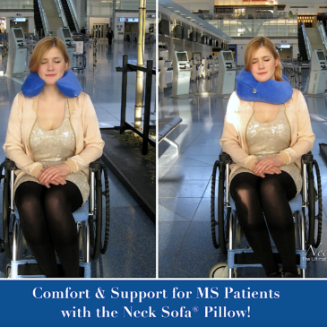 A woman with MS Using a Blue Neck Sofa® Pillow in a Wheelchair showcasing how the Neck Sofa® provides head and neck support for individuals with limited mobility.