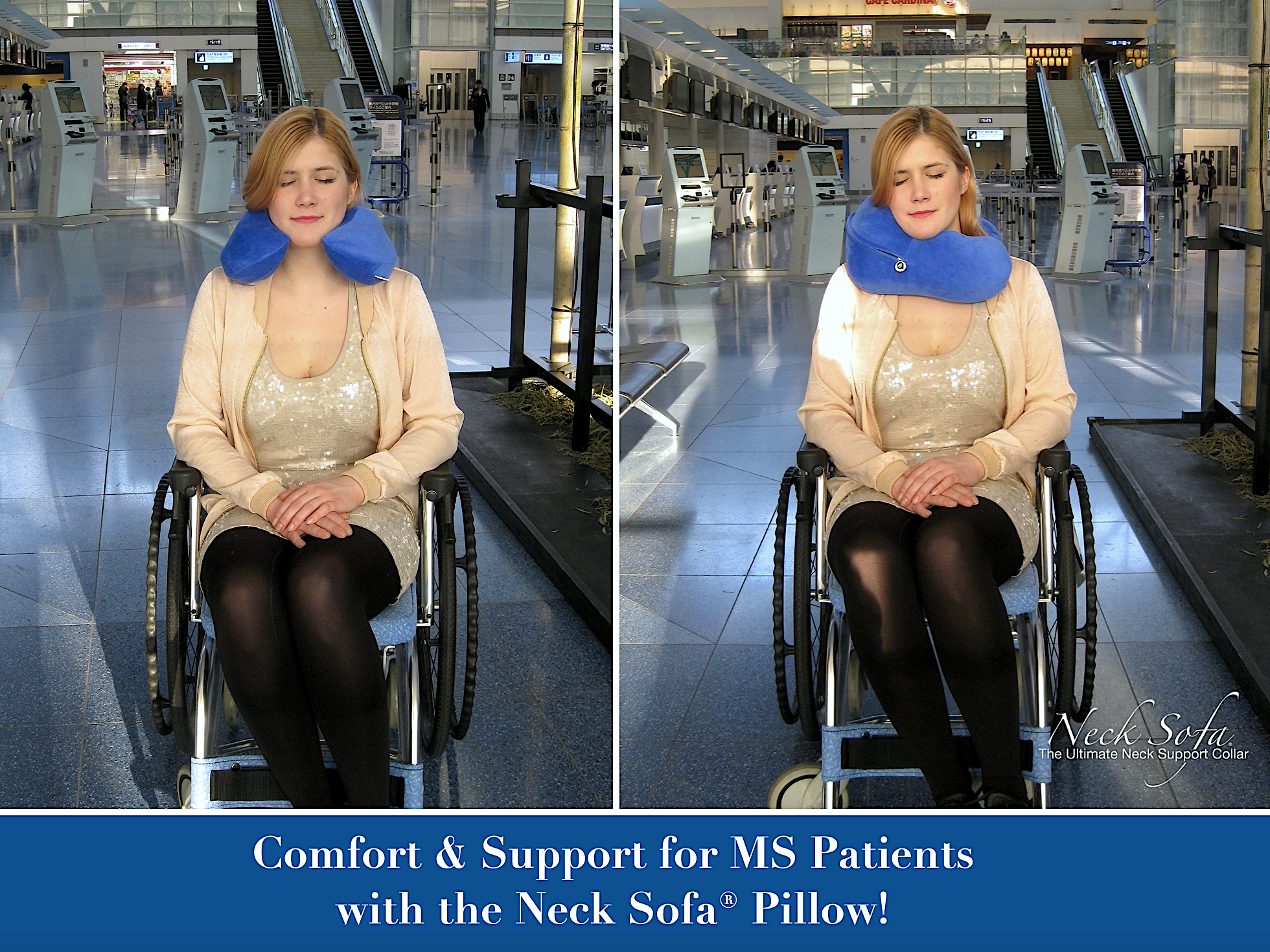 A woman with MS Using a Blue Neck Sofa® Pillow in a Wheelchair showcasing how the Neck Sofa® provides head and neck support for individuals with limited mobility.