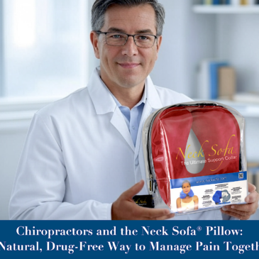 Chiropractor holding a Burgundy Neck Sofa Pillow in his office