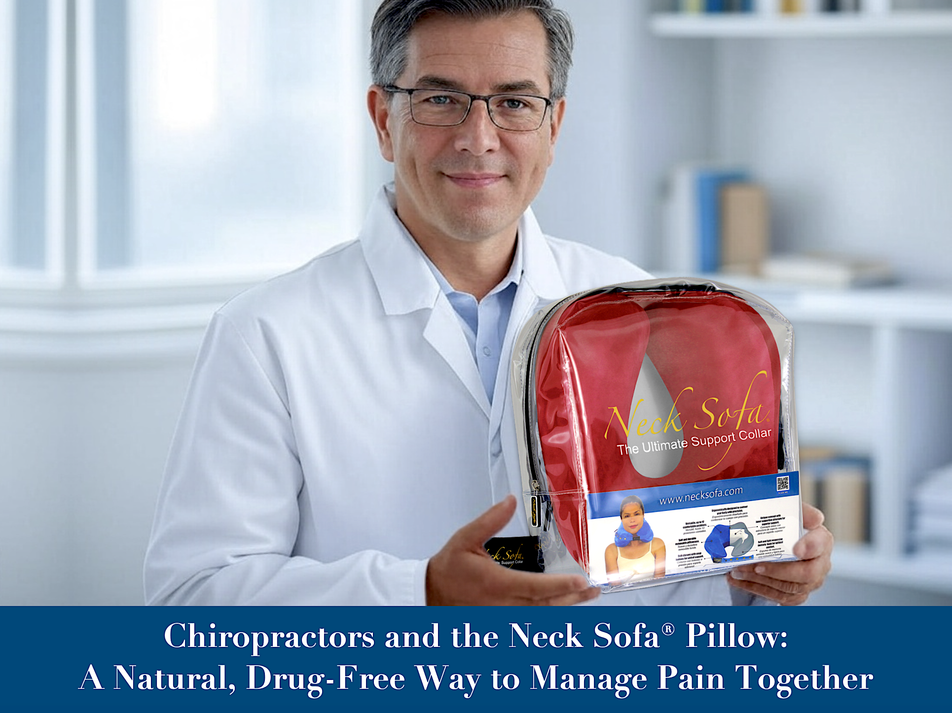 Chiropractor holding a Burgundy Neck Sofa Pillow in his office. A Natural, Drug-Free Way to Manage Pain Together