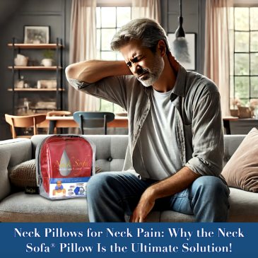 Man with chronic neck pain holding his neck sitting on a couch with a Blue Neck Sofa Pillow on the couch next to him