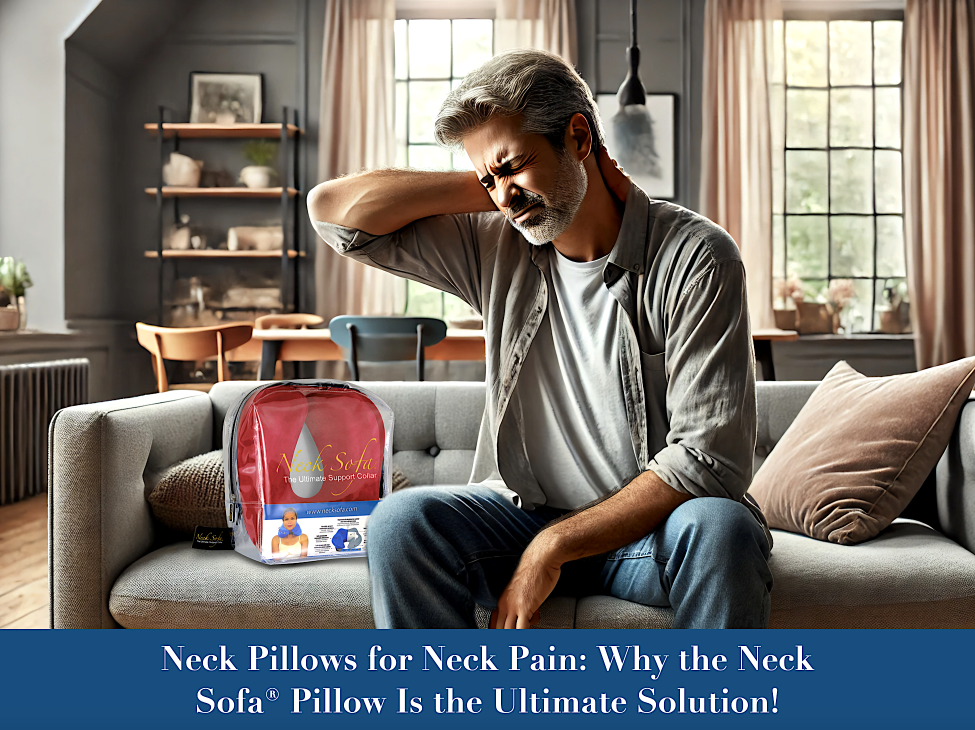 Man with chronic neck pain holding his neck sitting on a couch with a Blue Neck Sofa Pillow on the couch next to him