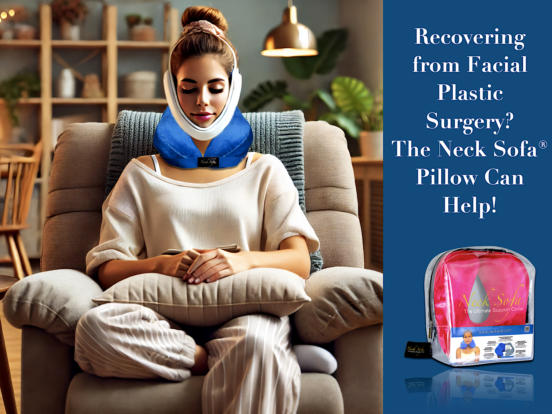 A woman recovering from facial surgery in a cozy setting wearing a Blue Neck Sofa Pillow 