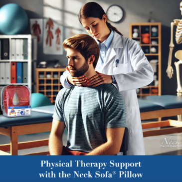 Therapist standing behind the patient while placing her hands on the patient's neck. A Burgundy Neck Sofa Pillow is placed on the bench to give the patient for his physical therapy recovery.