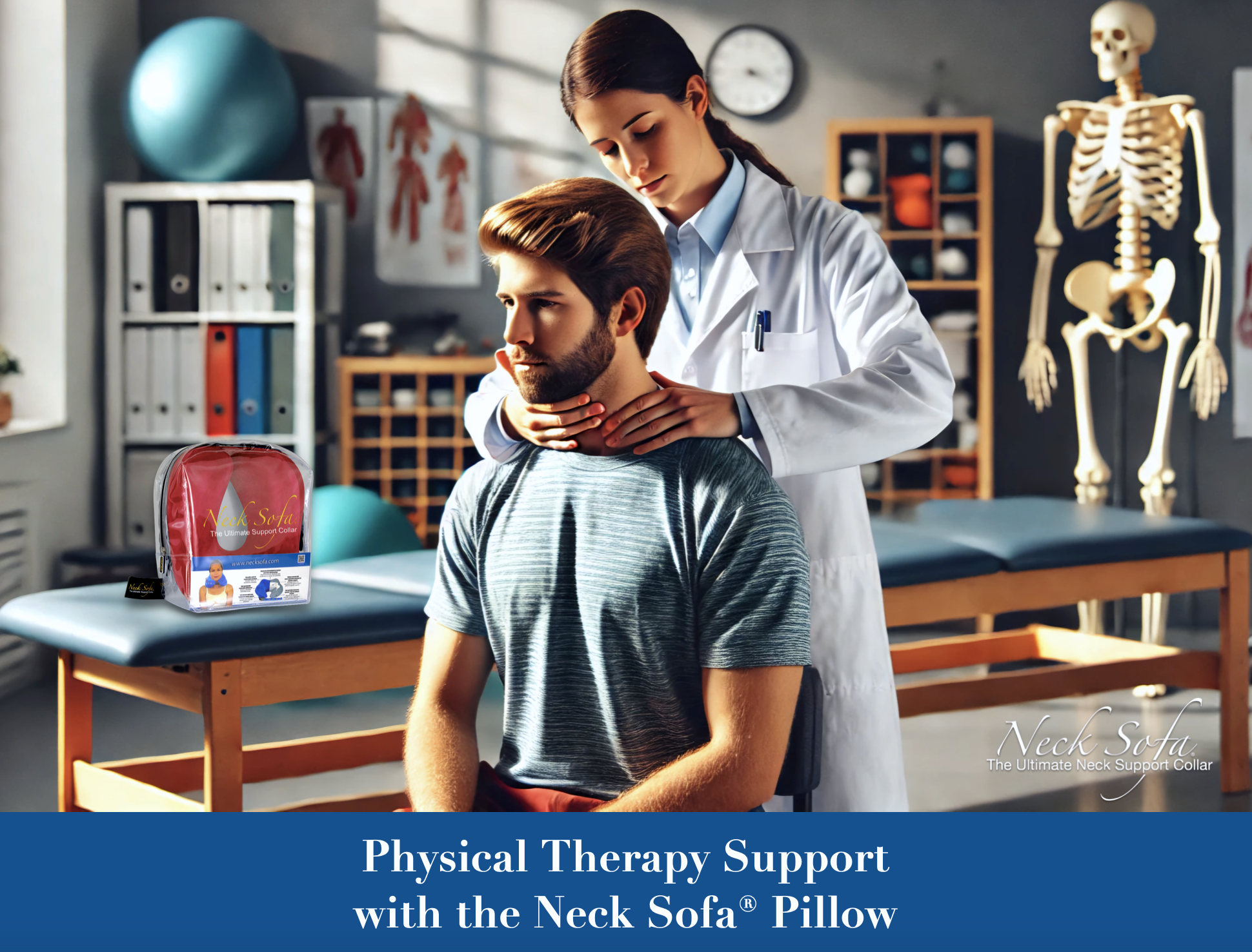 Therapist standing behind the patient while placing her hands on the patient's neck. A Burgundy Neck Sofa Pillow is placed on the bench to give the patient for his physical therapy recovery.