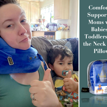 Mom relaxing using a Blue Neck Sofa Pillow for neck support sitting with her young son on the couch.