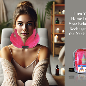 A cozy, softly lit home setting with a woman relaxing in a lounge chair wearing a Pink Neck Sofa Pillow surrounded by calming spa elements like candles and plants.