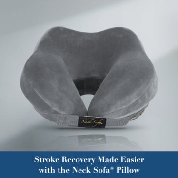 Grey Neck Sofa Pillow on a Grey background with the text Stroke Recovery Made Easier with the Neck Sofa® Pillow.