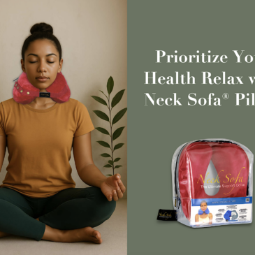 A young woman meditates indoors wearing a Burgundy Neck Sofa Pillow, seated cross-legged with eyes closed, framed by green plants against a beige wall.