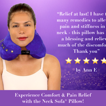 Women wearing a Purple Neck Sofa Pillow and a customer testimonial about pain relief