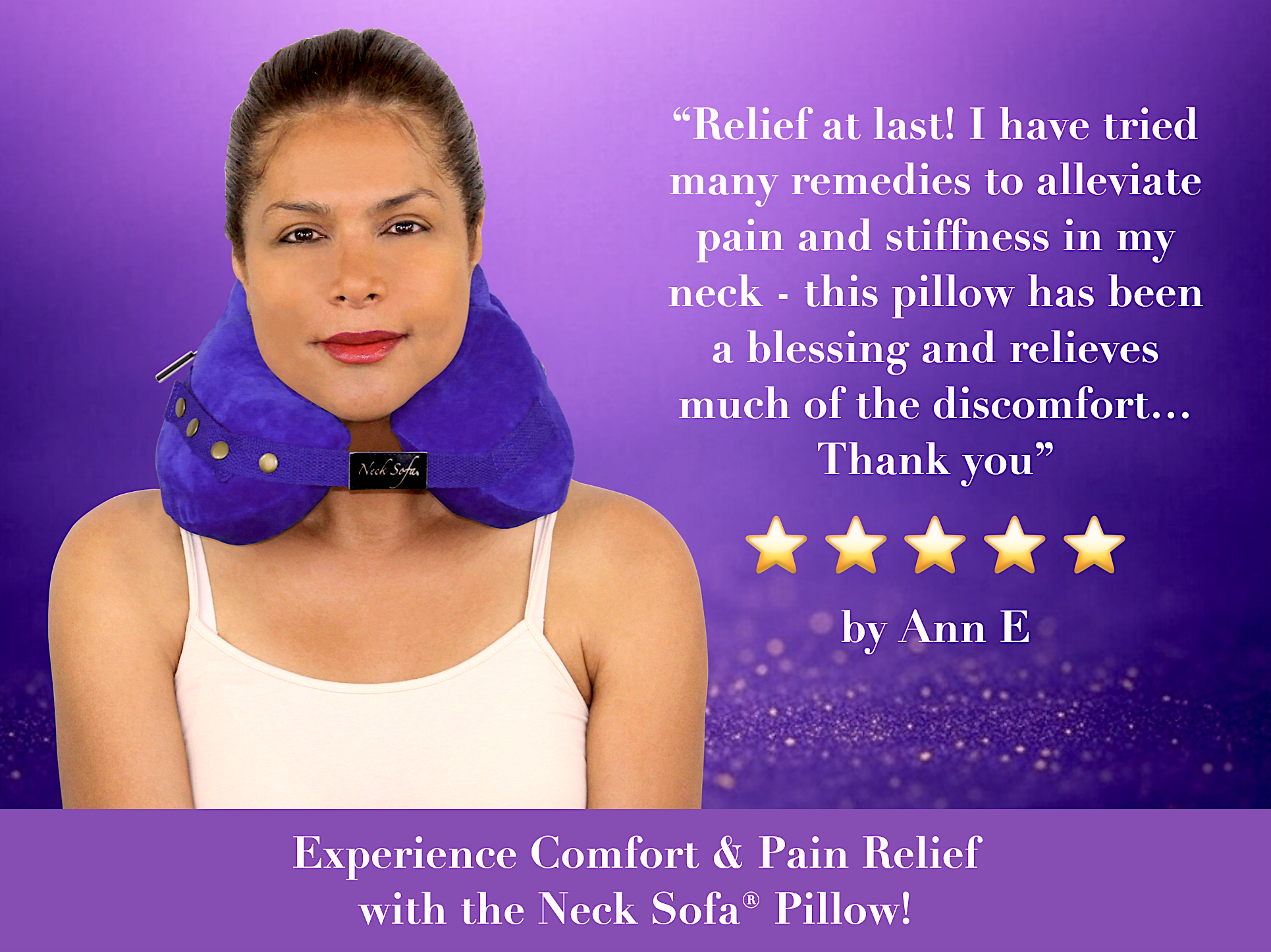 Women wearing a Purple Neck Sofa Pillow and a customer testimonial about pain relief