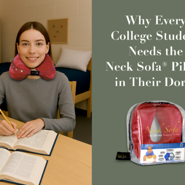 College student studying in her dorm room wearing a Burgundy Neck Sofa Pillow