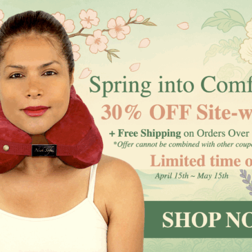 Spring into Comfort: Neck Sofa® Pillow – 30% Off Site-wide + Free Shipping! with woman wearing a burgundy Neck Sofa
