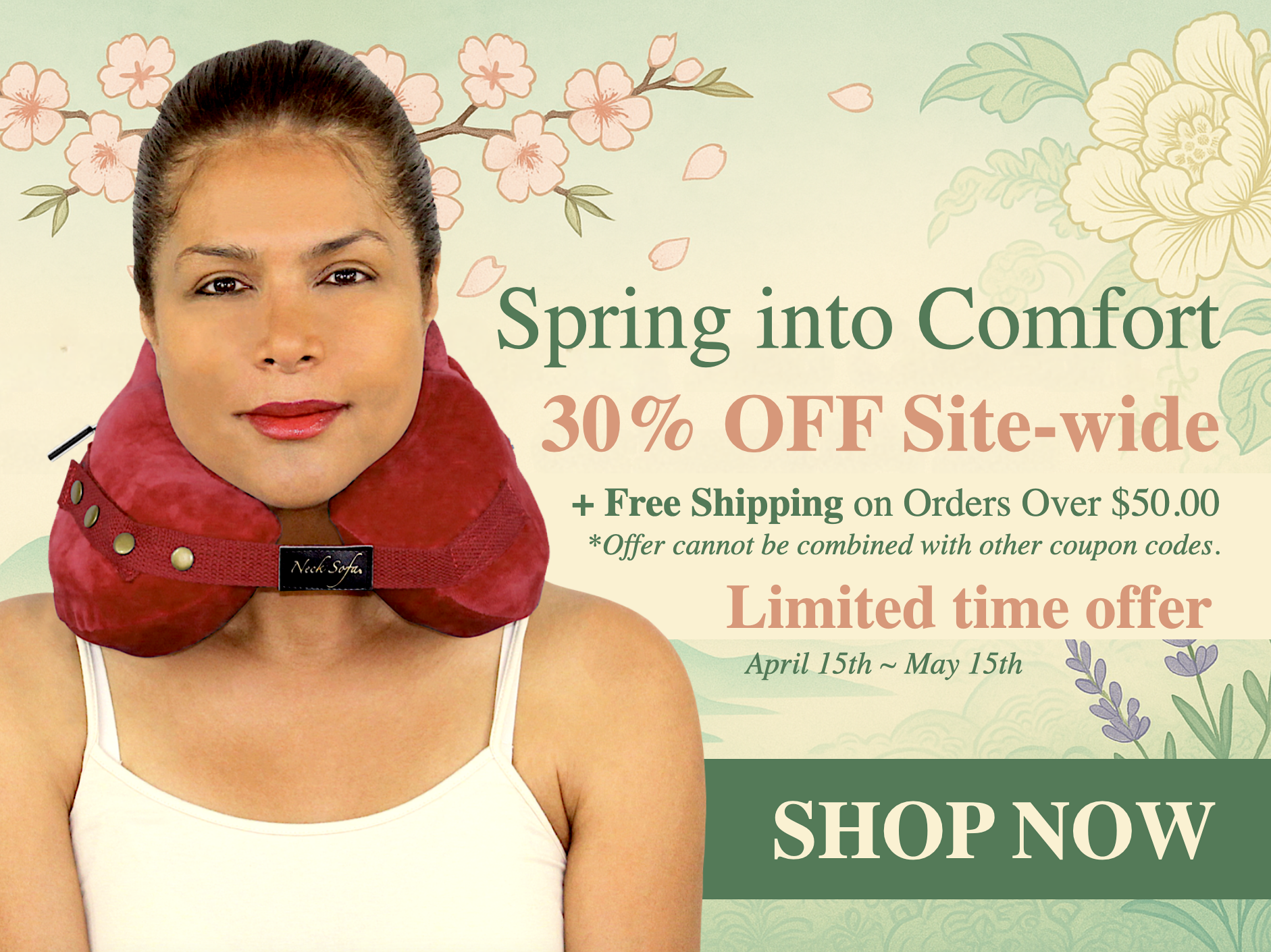 Spring into Comfort: Neck Sofa® Pillow – 30% Off Site-wide + Free Shipping! with woman wearing a burgundy Neck Sofa