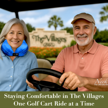 Older couple in a golf cart at The Villages; the woman wearing a Burgundy Neck Sofa® Pillow, with palm trees and The Villages sign in the background